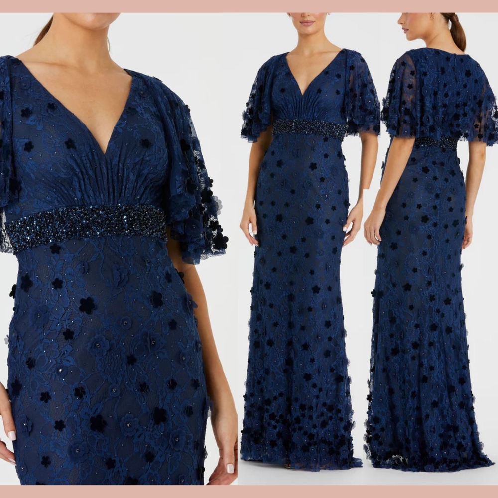 NWT Mac Duggal [ 16 ] 67712 Cape‎ Sleeve Appliqué Embellished Floral Gown Blue